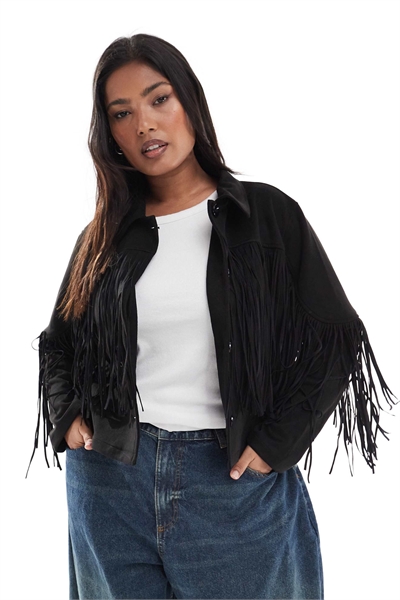 Укороченная куртка с бахромой из черной искусственной замши артикул 148035844