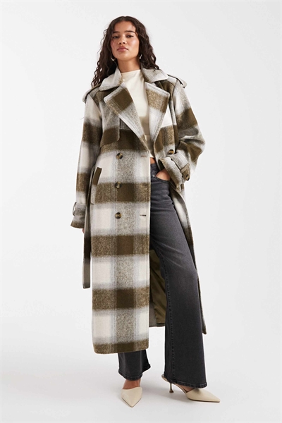 Эксклюзивный длинный тренч с поясом из шерсти зеленого и кремового цветов в клетку артикул 148031936