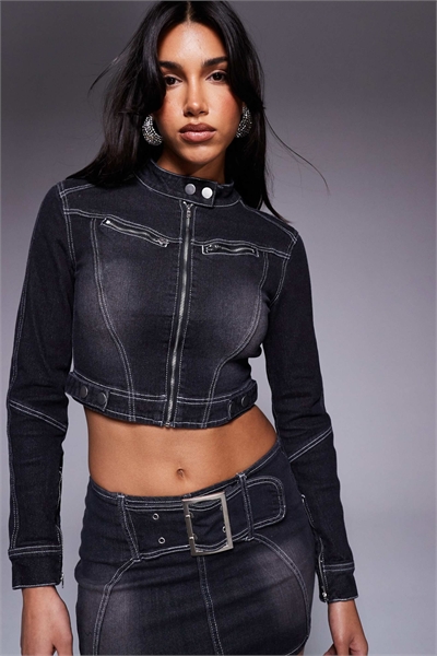 Контрастная байкерская куртка с застежкой-пряжкой, вымытая черная артикул 140662449