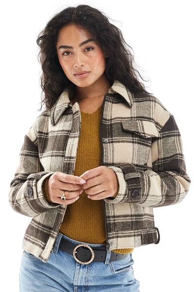 Бомбер из щетчатой ткани в клетку, коричневый артикул 149857849