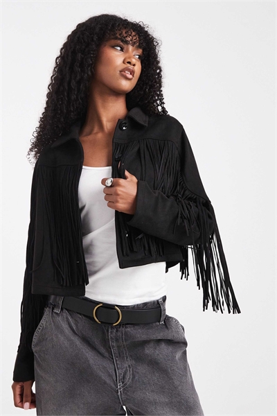 Куртка из искусственной замши с бахромой в стиле бохо, черного цвета артикул 148258319