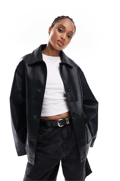 ASOS DESIGN Длинная куртка-харрингтон из материала под кожу артикул 142042994