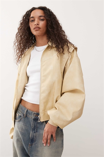 Эксклюзивная бомбер-куртка из кожи Vista с контрастной отстрочкой в мягком лимонном цвете артикул 148639763