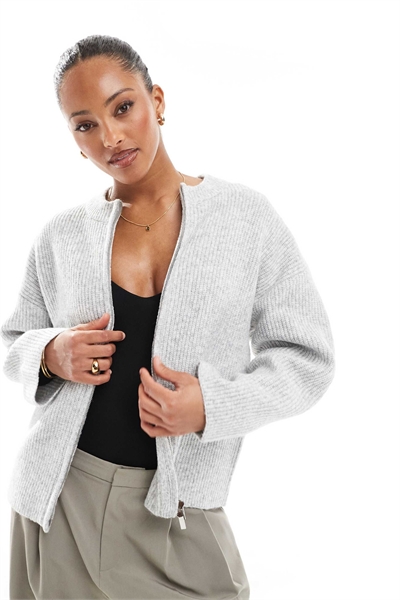 Высококачественная вязаная куртка-бомбер с высоким воротником и двойной застежкой-молнией, серого цвета артикул 144906544