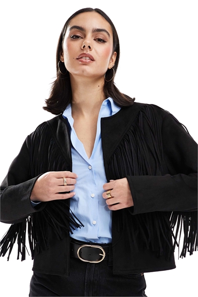 Куртка из искусственной кожи с бахромой и без воротника артикул 141108435