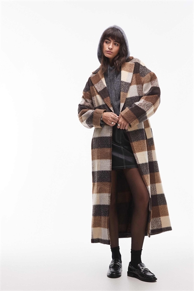 Длинное пальто с поясом из шерсти с коричневым клетчатым узором артикул 137995328