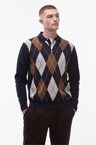 Длиннорукавная вязаная рубашка-поло в стиле регби с узором «аргил» в темно-синем и коричневом цветах артикул 151484280