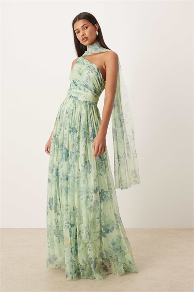 Макси-платье с одним плечом, шарфом на шее артикул 153786448