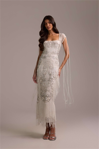 Свадебное платье макси с квадратным вырезом и бахромой цвета слоновой кости артикул 147971308