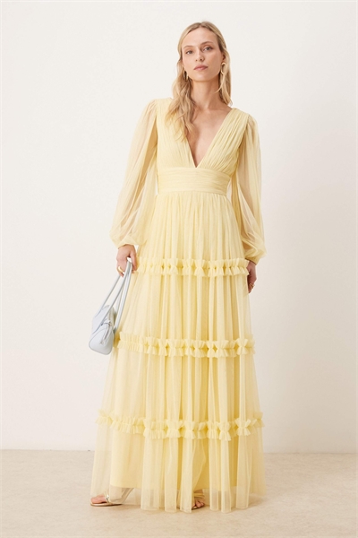 Макси-платье из тюля с V-образным вырезом и прозрачными рукавами артикул 154401424