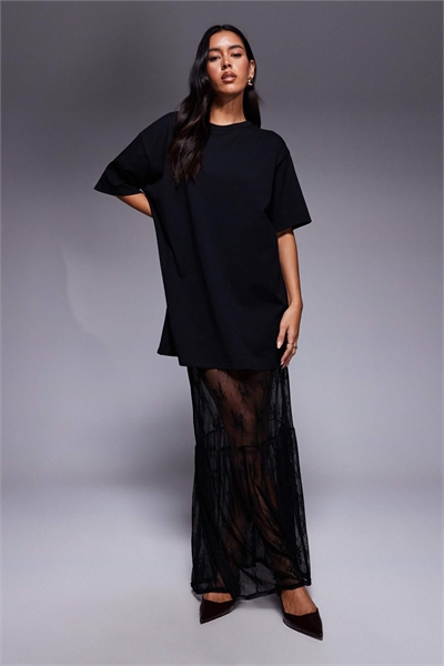 Эксклюзивное макси-платье-футболка из хлопка с кружевом и многослойным подолом артикул 150698826