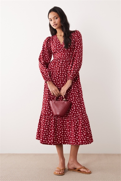 Платье-миди с длинными рукавами и цветочным принтом бордового цвета артикул 155243894