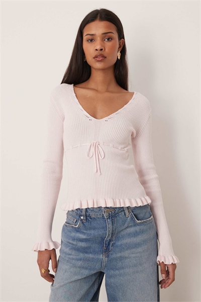 Длинный рукав вязаный топ с оборками розового цвета артикул 154756995