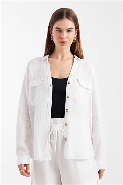 Рубашка из смешанного льна с карманами на груди в стиле «утилита» белого цвета артикул 153815111