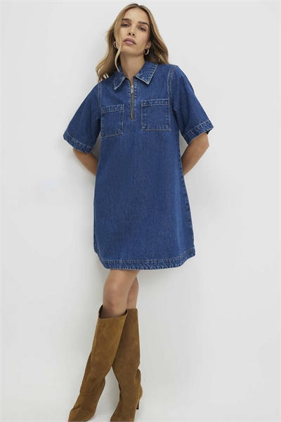 Мини-платье-рубашка из денима с застежкой-молнией спереди артикул 155894818