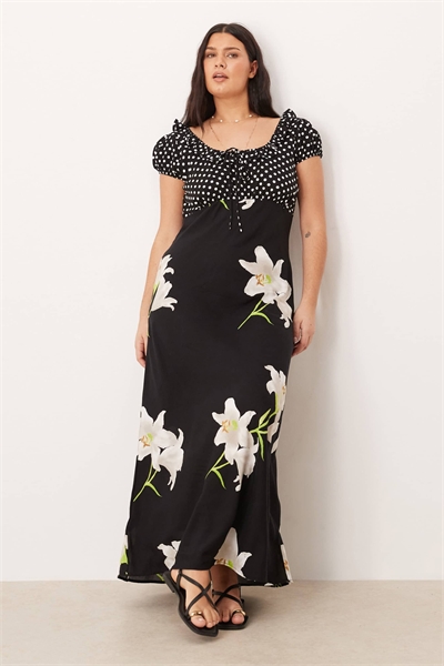 ASOS DESIGN Curve Макси-платье с круглым вырезом, оборками и завязками, с пестрым принтом в горошек и цветочный принт артикул 152117449