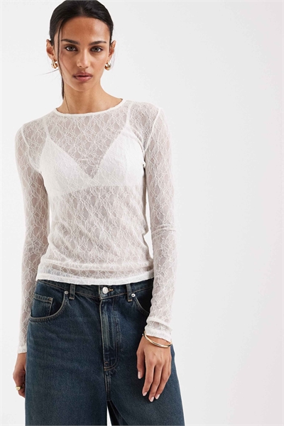 Топ с длинными рукавами, круглым вырезом и прозрачным кружевом артикул 153748987