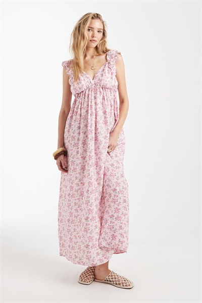 Макси-платье с рюшами на плечах и V-образным вырезом с розовым цветочным принтом артикул 153813081