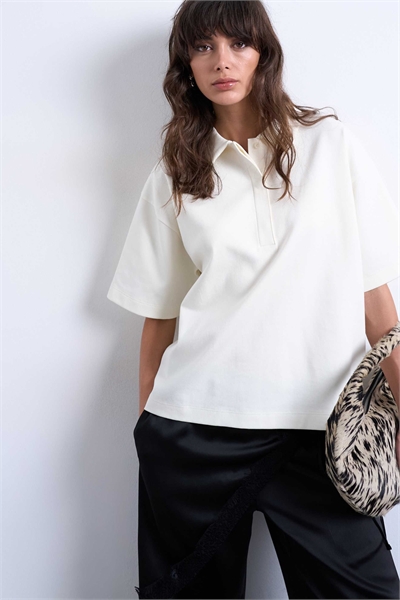 Рубашка-поло с коротким рукавом и застежкой-молнией, цвет экрю артикул 149636980