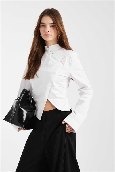 Рубашка с мандариновым воротником и затягивающимся поясом артикул 155057858