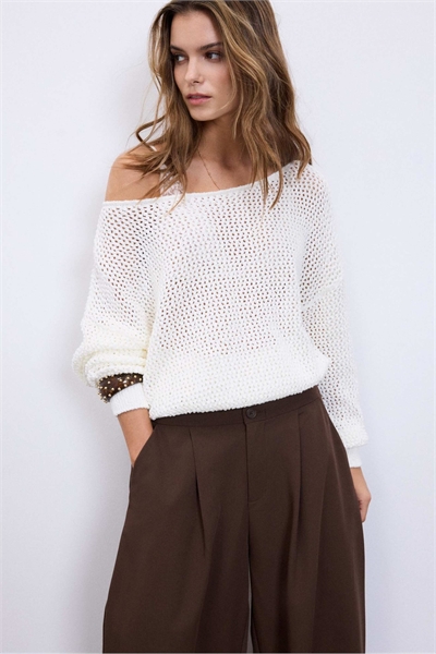 Свитер с лодочным вырезом из сетчатого трикотажа, цвет экрю артикул 156250912