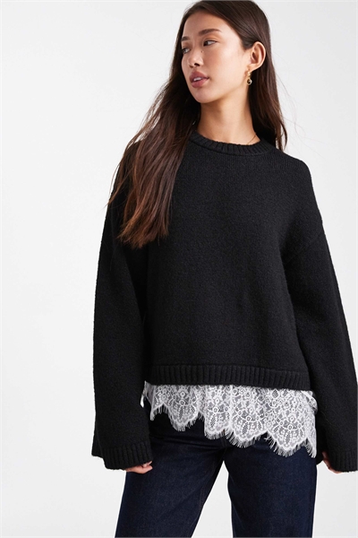 Свитер из трикотажа с пушистыми широкими рукавами и кружевным подолом артикул 151527057