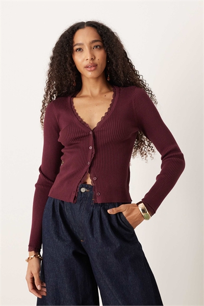 Кардиган с ребристой вязкой и кружевной отделкой артикул 152001193