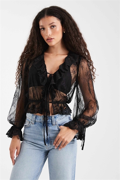 Блузка с кружевным галстуком и рюшами спереди, черного цвета артикул 148920188