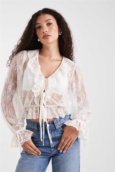 Блузка с кружевным галстуком и рюшами спереди, цвет экрю артикул 148701926