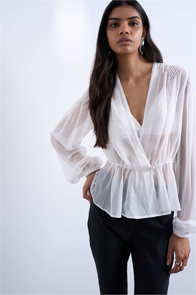 Блузка с длинными рукавами из шифона с прозрачными вставками, цвет слоновой кости артикул 149136724