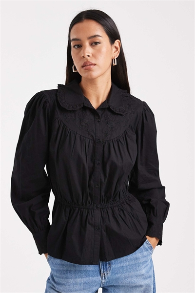 Рубашка с вышитым пеплумом из поплина черного цвета артикул 147828035