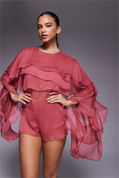 Комбинезон из шифона «Карсон» с прозрачными оборками, накидкой и объемными рукавами артикул 151182098