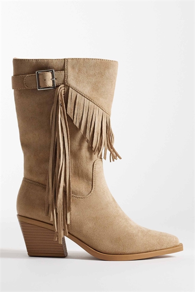 Западные коленные сапоги с пряжкой и бахромой из песочного микроволокна артикул 152591644