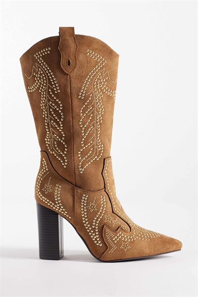 Украшенные западные коленные сапоги из микрокожи коричневого цвета артикул 152591640