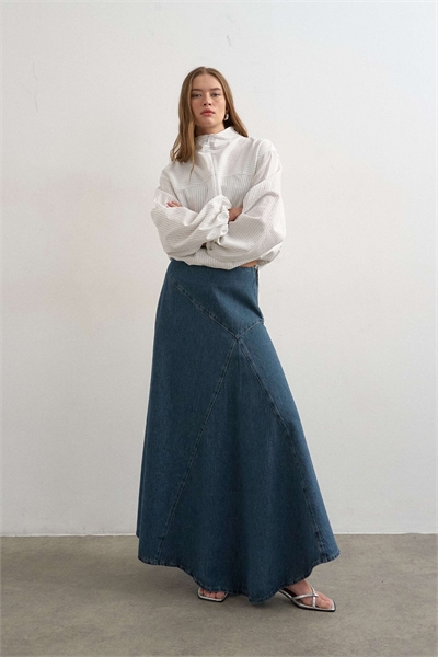 Джинсовая асимметричная юбка макси с заниженной талией артикул 155002167