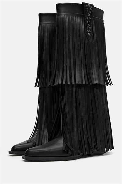 Ботинки на высоком каблуке с бахромой, черные артикул 154162943