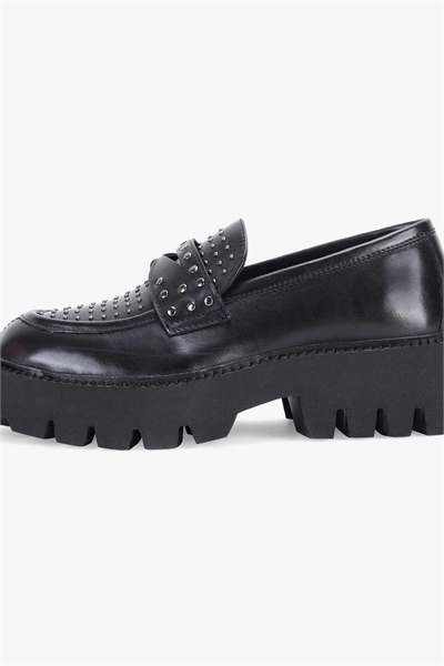 «COMPTON» — стильные лоферы из черной кожи на блочном каблуке артикул 139842192