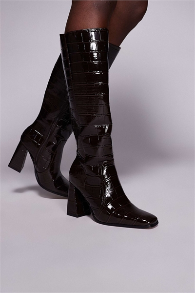 Ботинки до колен на каблуке из крокодиловой кожи артикул 150706247