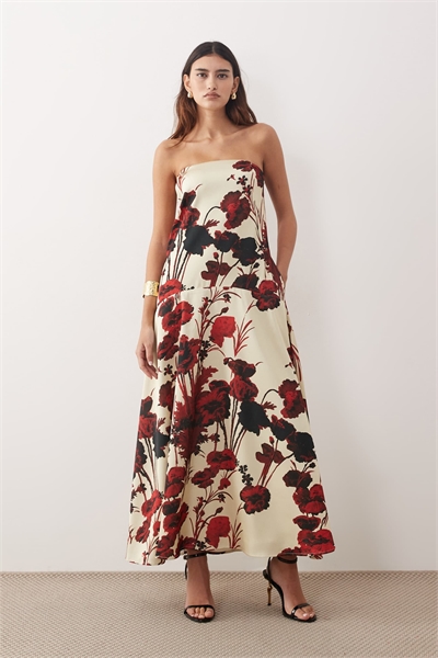 Макси-платье-трапеция из атласа с розовым цветочным принтом артикул 151783497