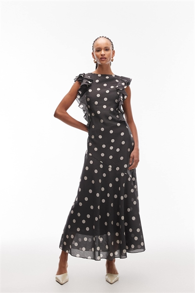 Макси-платье с оборками по краю и открытой спиной, с черным принтом в горошек артикул 151746454