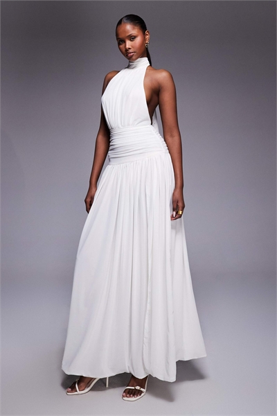 Макси-платье с высоким воротником, завязками за шеей, сборками, заниженной талией и открытой спиной артикул 153643131