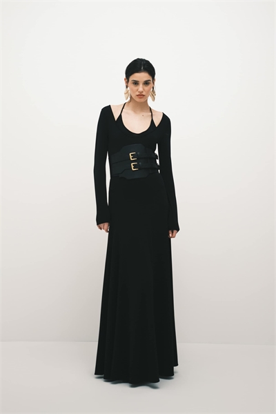 Двухслойное макси-платье с длинными рукавами черного цвета артикул 155128914