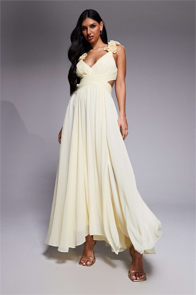 Макси-платье с шифоновыми оборками на плечах, лимонного цвета артикул 153280455