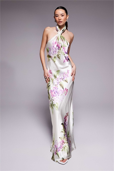 Макси-платье с атласным верхом и кремовым цветочным принтом артикул 153280156