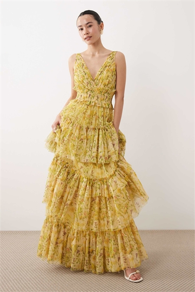 Макси-платье Luna из тюля с ярусными слоями, с желтым цветочным принтом артикул 154401421