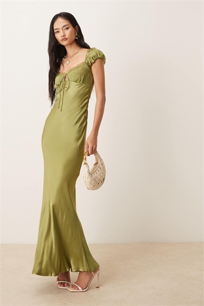 Макси-платье Stasia с атласными рукавами-буфами, кружевной отделкой и завязками спереди, оливкового цвета артикул 153526166