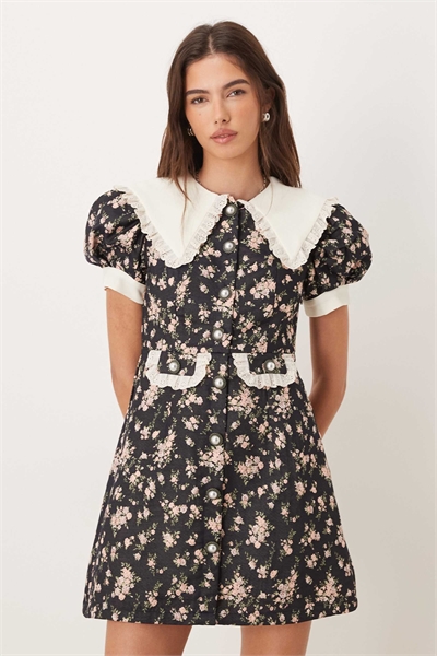 Эксклюзивное мини-платье Eclipse с контрастным воротником, мелким цветочным принтом и пуговицами спереди, черного цвета с цветочным принтом артикул 154902710