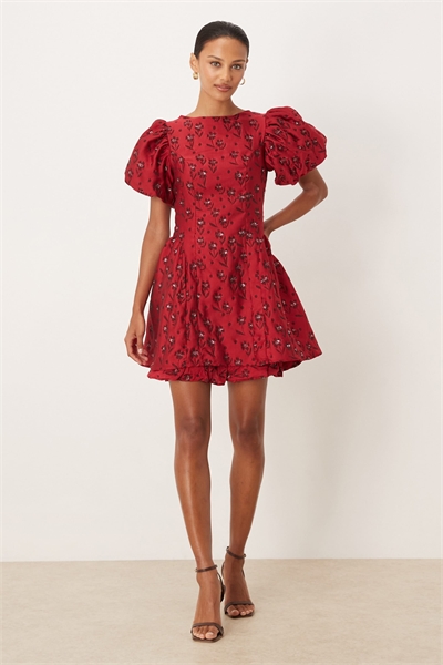 Мини-платье с цветочным жаккардовым принтом и буфчатыми рукавами артикул 154057288