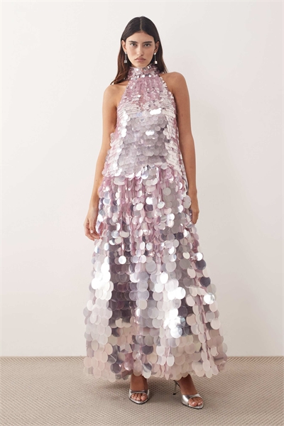 Макси-платье с пайетками на бретелях и трапециевидным силуэтом в лиловом цвете артикул 151336313