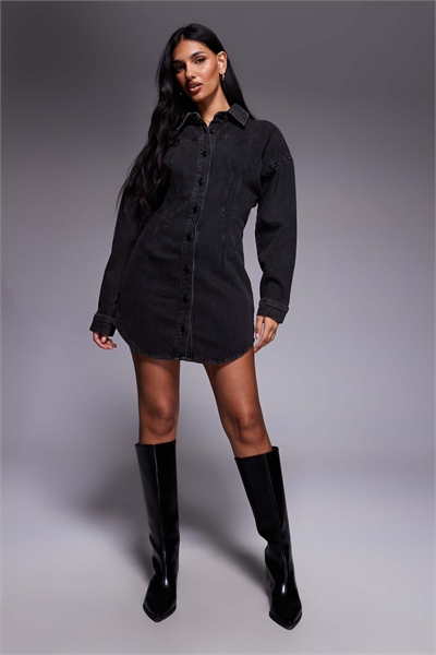 Платье-рубашка из денима с зауженной талией и закругленным низом артикул 149552387